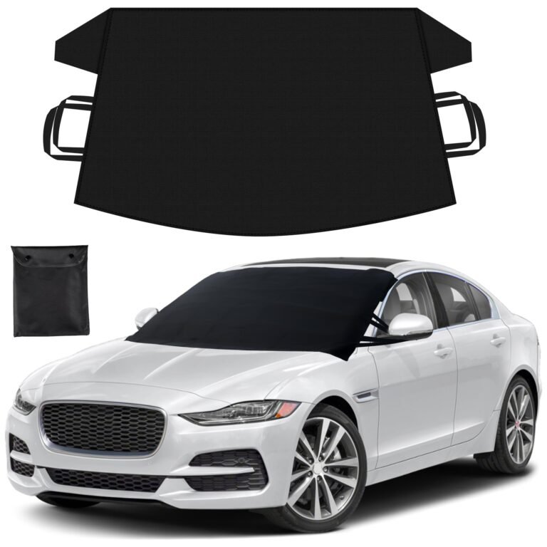 Black car windshield cover on a white car, with storage bag