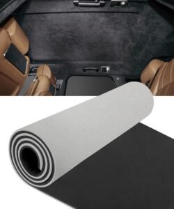 Rolled soundproofing material with car interior background, showing headliner and seats