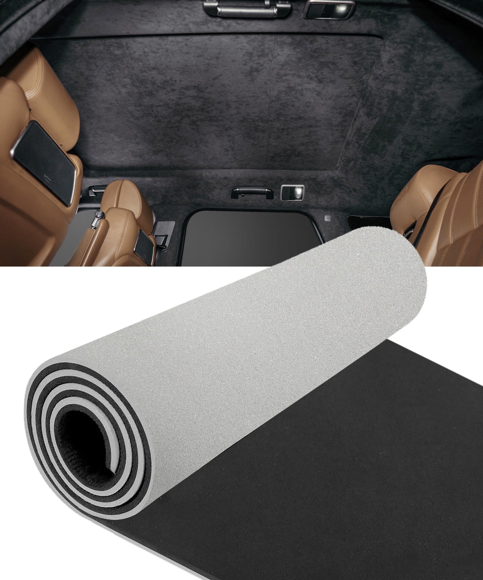 Rolled soundproofing material with car interior background, showing headliner and seats