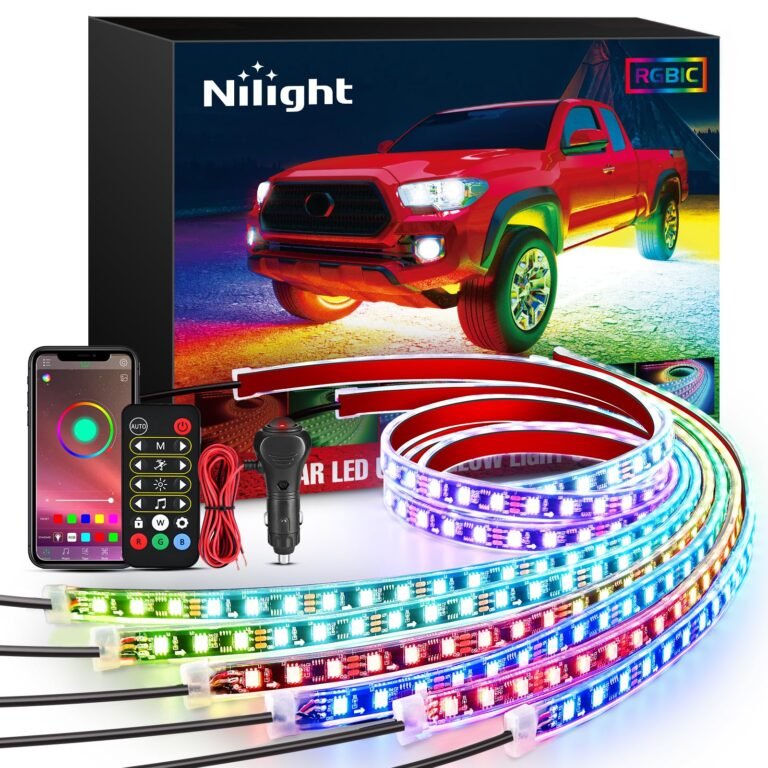Nilight RGBIC car LED light kit with a red truck and accessories