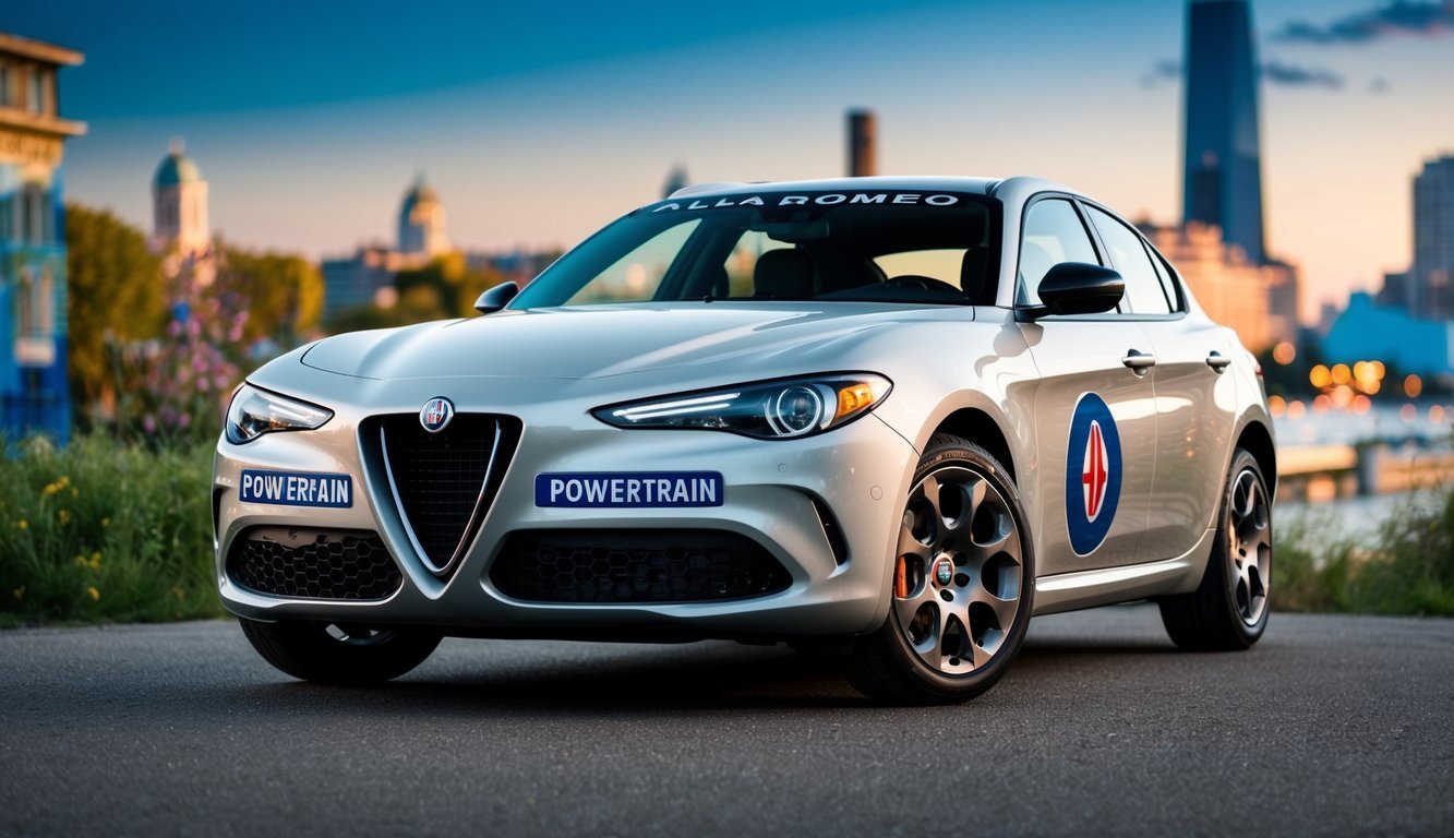 Silver Alfa Romeo sedan with "Powertrain" stickers, city background