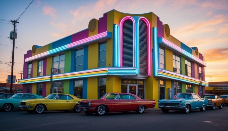 Colorful retro building with neon lights and classic cars parked in front