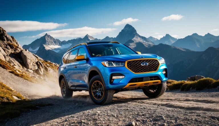 Blue SUV driving on a dirt road with mountains in the background