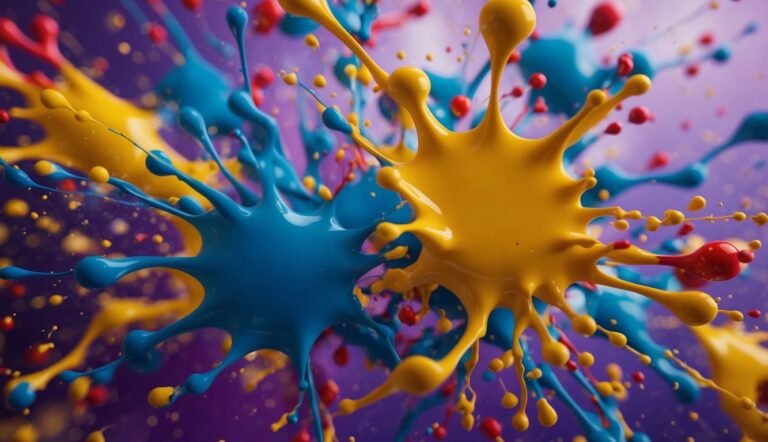 Abstract image of colorful paint splatters in blue, yellow, and red