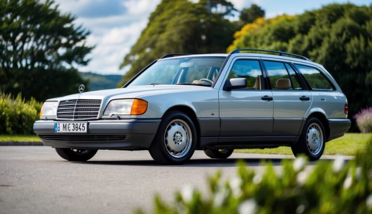 Silver Mercedes-Benz station wagon parked on asphalt, surrounded by greenery