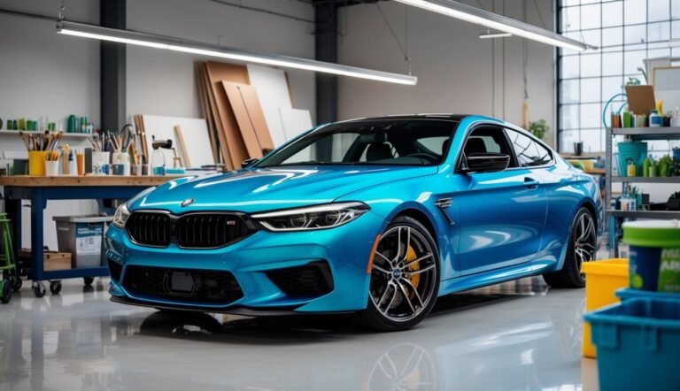 Blue BMW M8 coupe in a workshop with art supplies