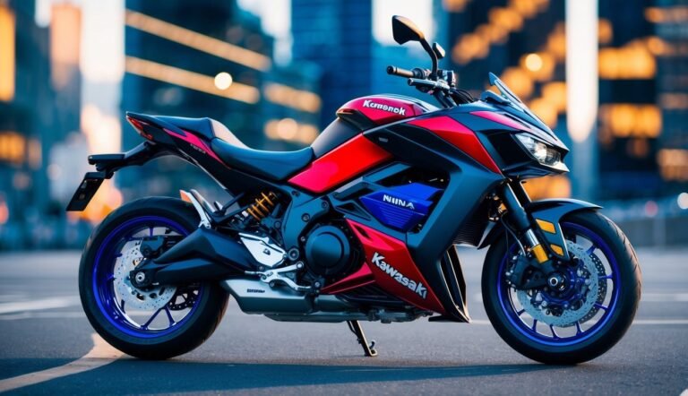 Red and black Kawasaki motorcycle parked on a city street, blue accents