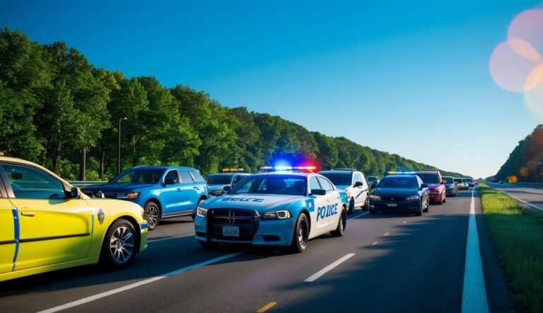 Police car with flashing lights leads a line of vehicles on highway