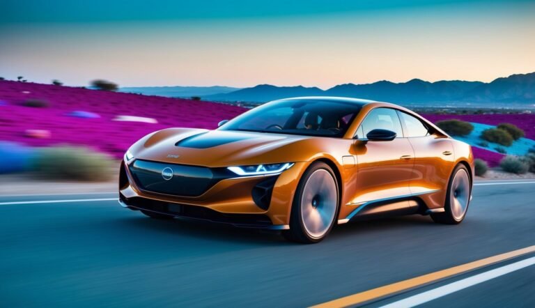 Orange sports car driving on a road with a colorful landscape background