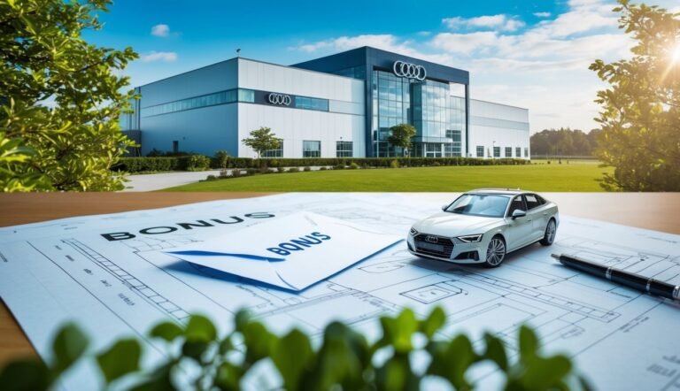 Audi car, bonus envelope, and blueprints in front of Audi factory
