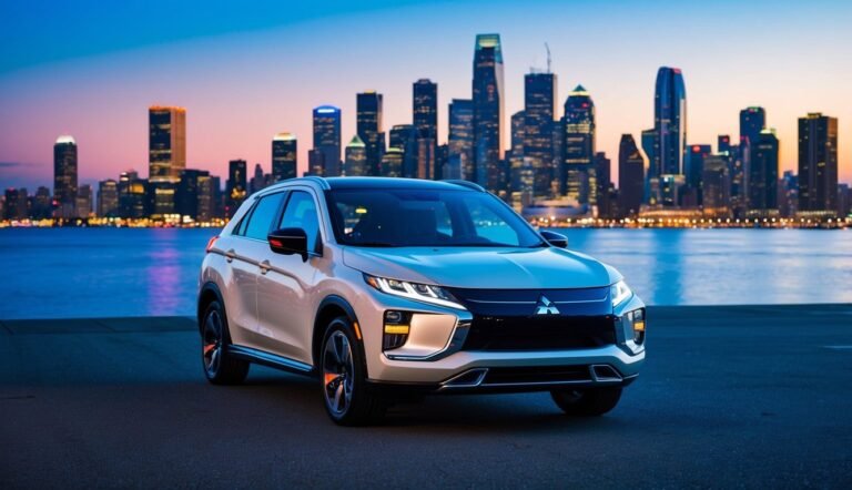 Mitsubishi SUV parked in front of a city skyline at dusk