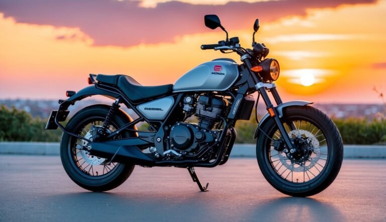 Silver Honda Rebel motorcycle parked on pavement at sunset