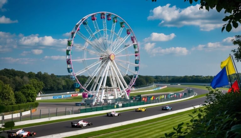 Race cars on a track with a large Ferris wheel in the background