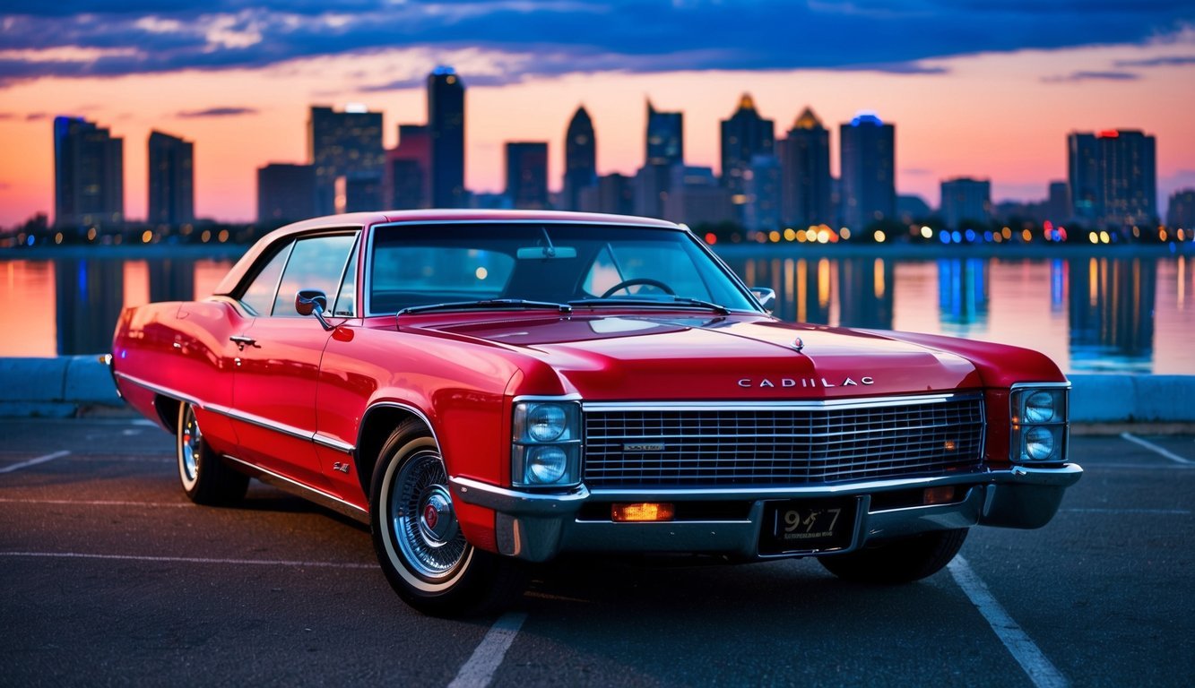 Red classic Cadillac parked in front of a city skyline at sunset