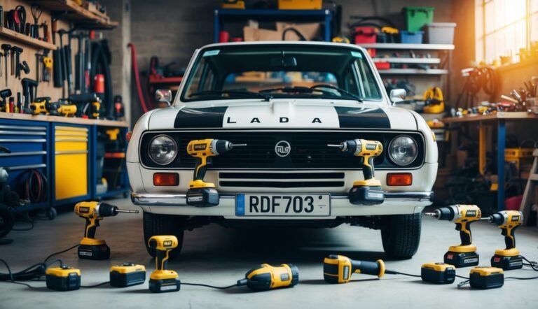 White Lada car surrounded by drills and batteries in a garage