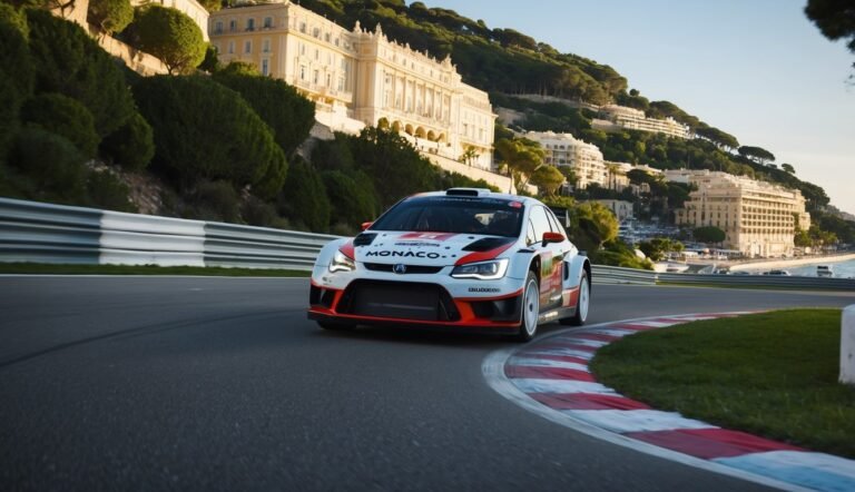 Race car speeding around a track in Monaco, with buildings in the background