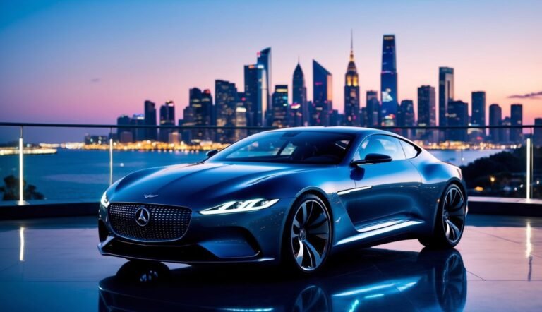 Blue luxury car parked with a city skyline in the background