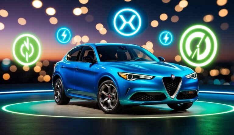 Blue electric SUV with glowing symbols in a futuristic setting