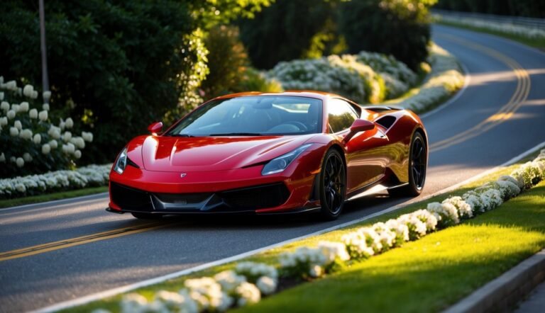 Red sports car driving on a winding road lined with flowers