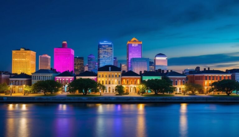 City skyline at night with colorful illuminated buildings and water