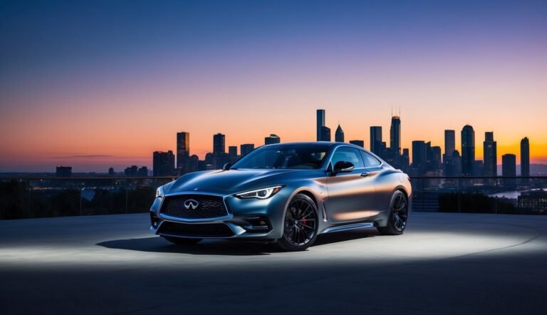 Blue Infiniti coupe parked with a city skyline at sunset