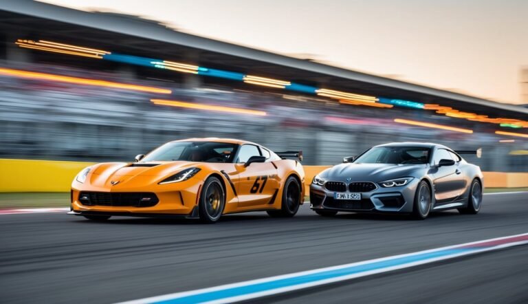 Orange Corvette and gray BMW racing on a track