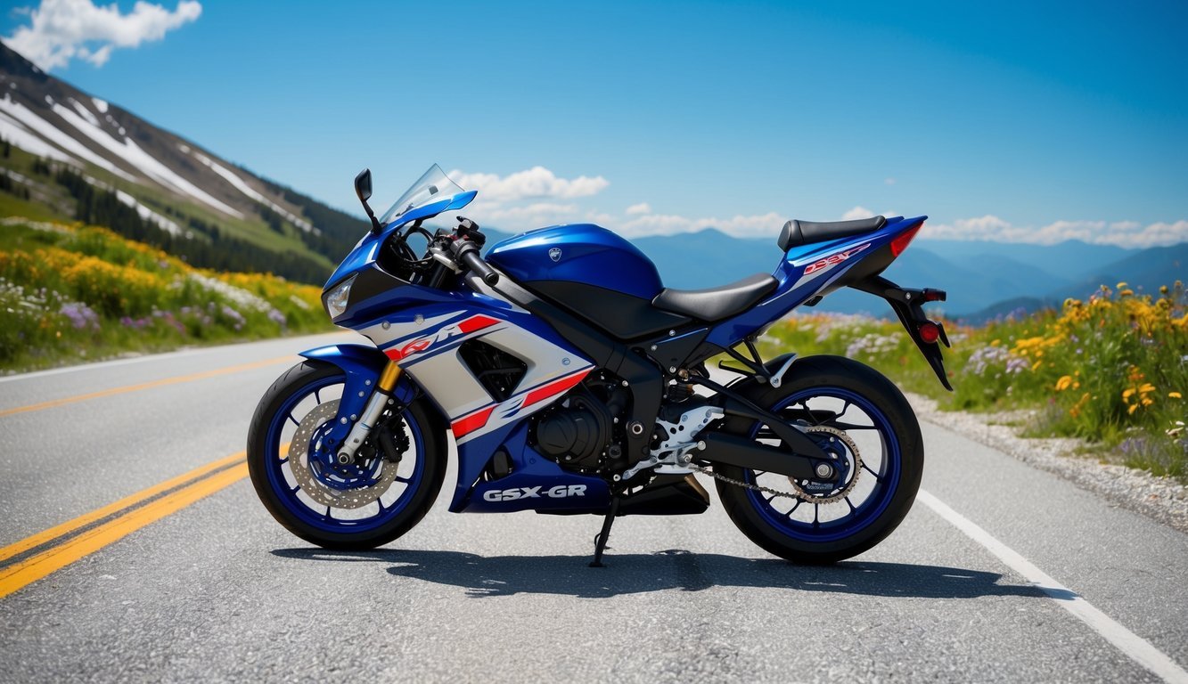 Blue and white sport motorcycle parked on a scenic mountain road