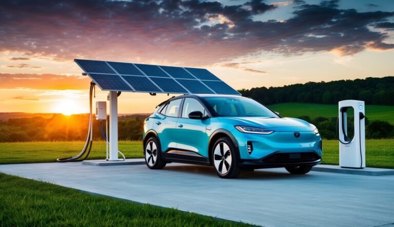Blue electric car charging with solar panel at sunset