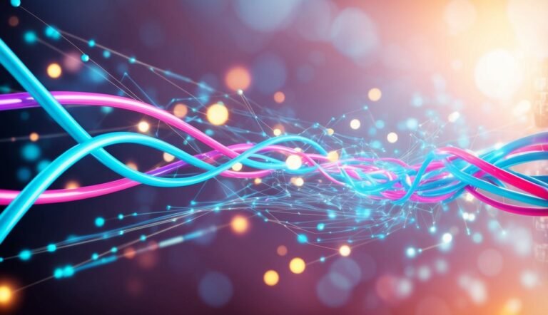 Abstract image of blue and pink cables with data connections