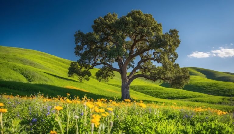 Large tree in a field of wildflowers on a green hillside