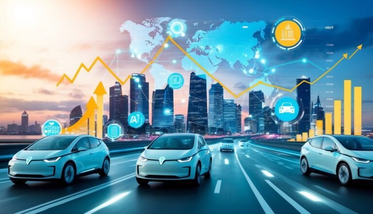 Electric cars on a highway with financial data overlay and city skyline