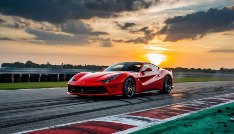 Red Ferrari sports car on a race track at sunset