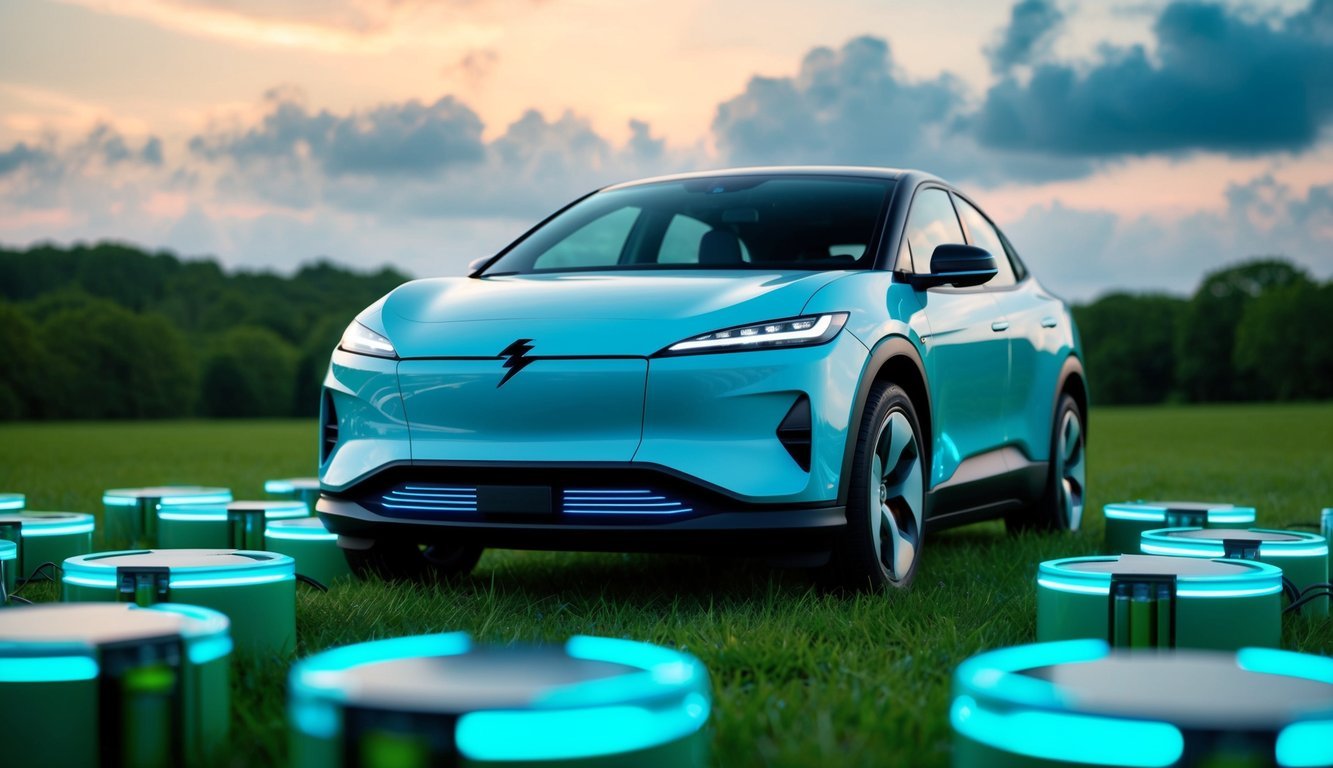 Blue electric car with lightning bolt logo, charging stations in field