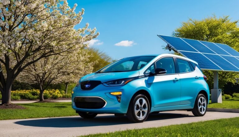 Blue electric car parked near solar panels and flowering trees