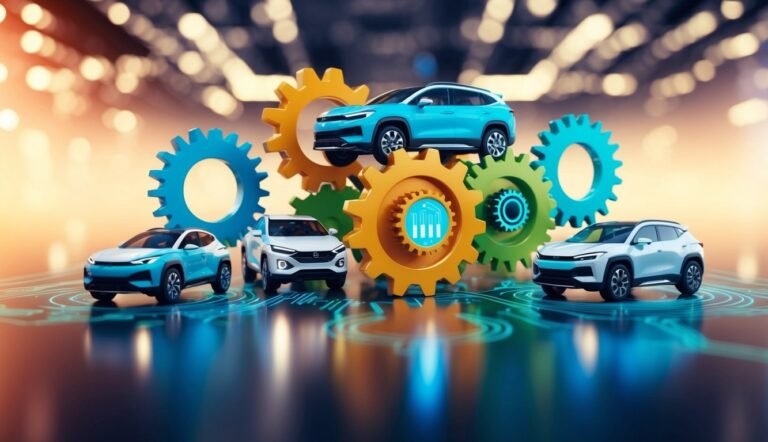 Cars and gears on a circuit board, representing automotive technology