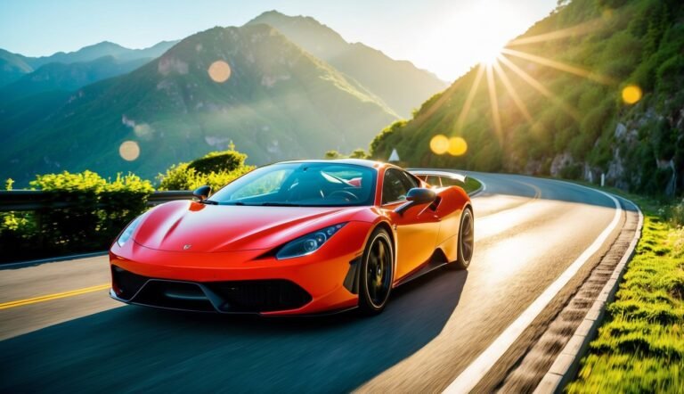 Red sports car driving on a winding road with mountains in background