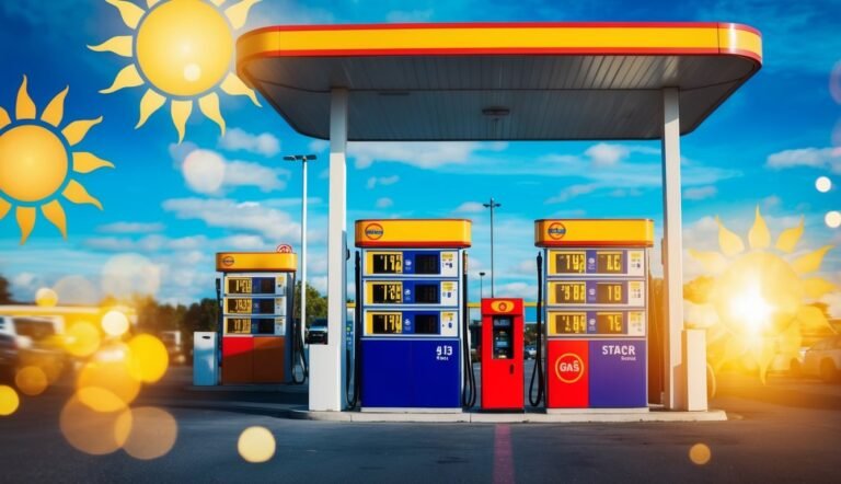 Gas station with fuel pumps under a canopy, sunny sky