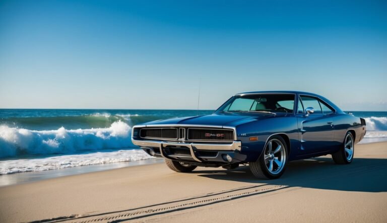 Blue classic Dodge Charger parked on a sandy beach with ocean waves