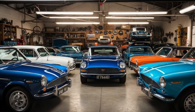 Classic cars in a garage, including a blue car in the center