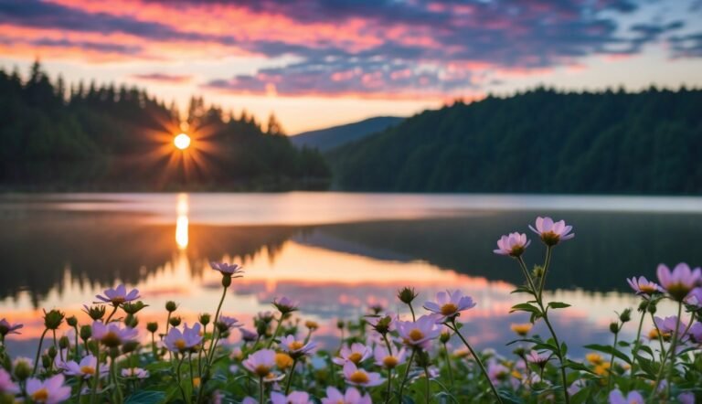 Sunset over lake with flowers in foreground, trees in background