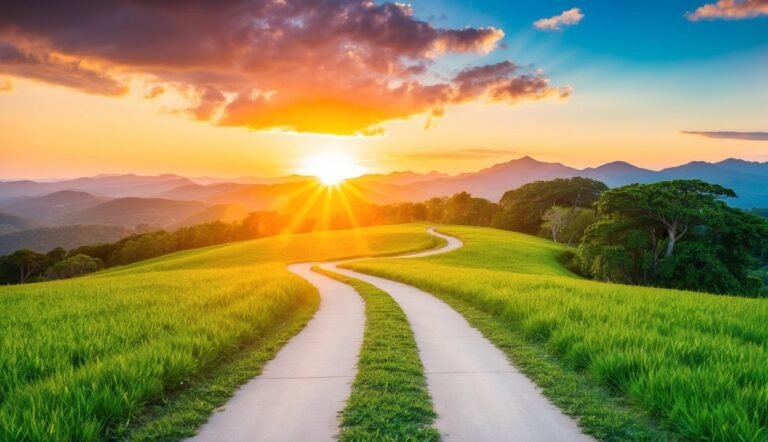 Winding road through a green field towards a vibrant sunset
