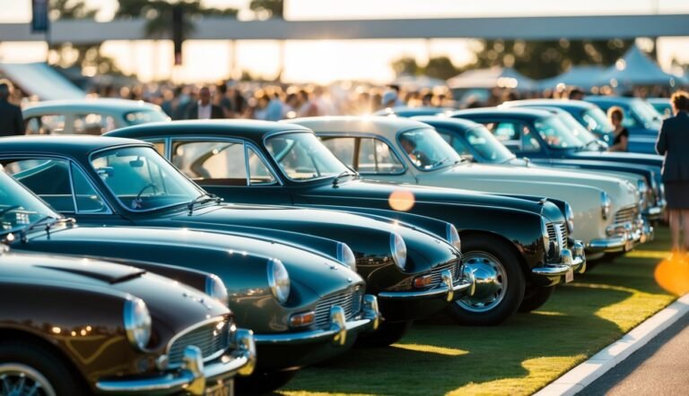 Classic cars on display at an outdoor car show, people in background