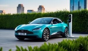 Teal sports car charging at a station with city buildings in background