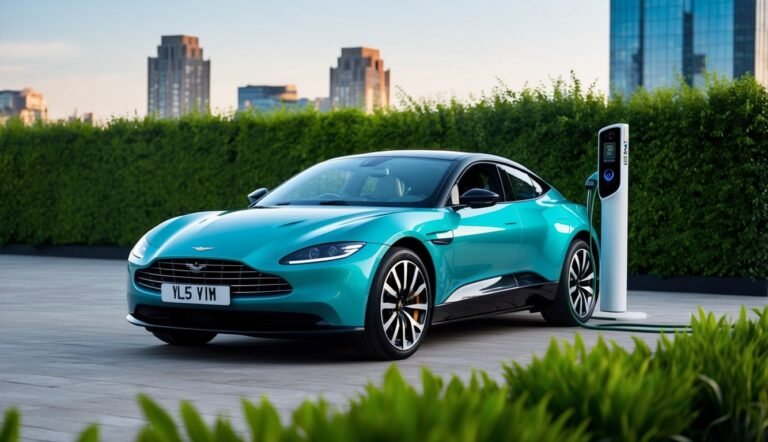 Teal sports car charging at a station with city buildings in background