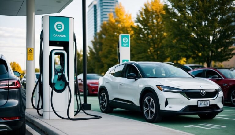 White electric car charging at a Canada EV charging station