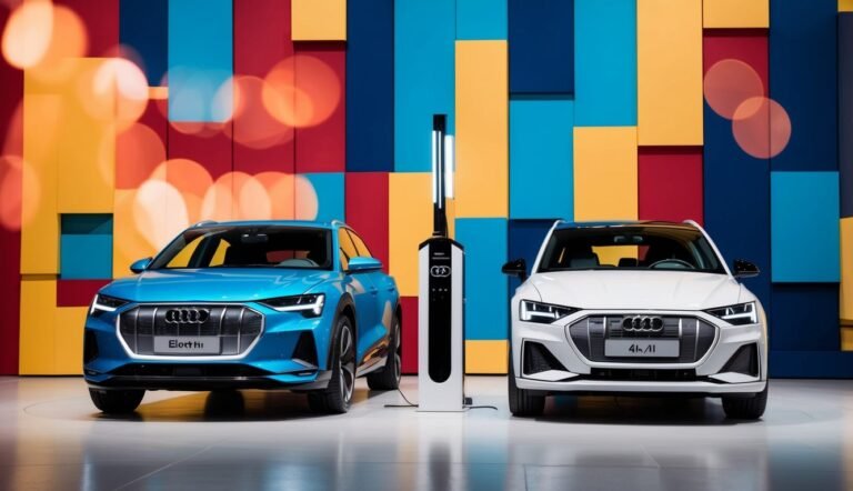 Two Audi cars, blue and white, with a charging station in between
