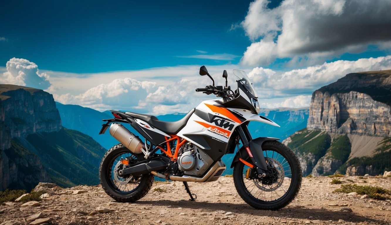 KTM adventure motorcycle parked on a rocky mountain ridge with scenic background