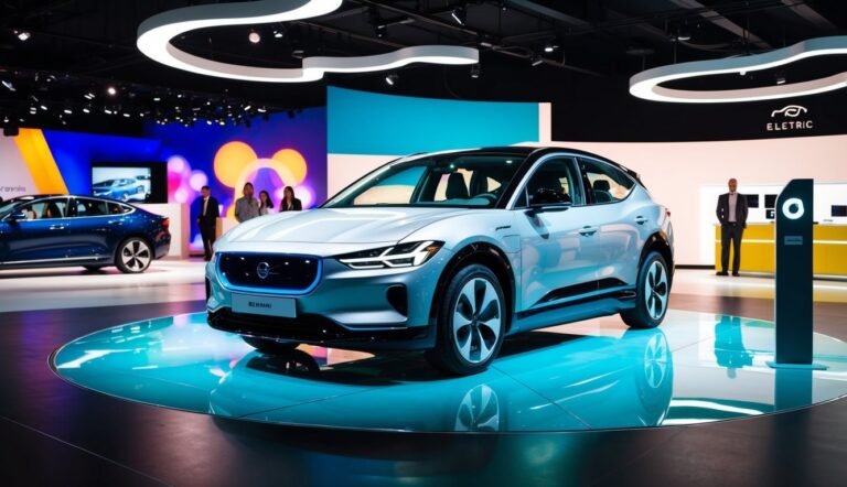 Silver electric car on a display platform at an auto show