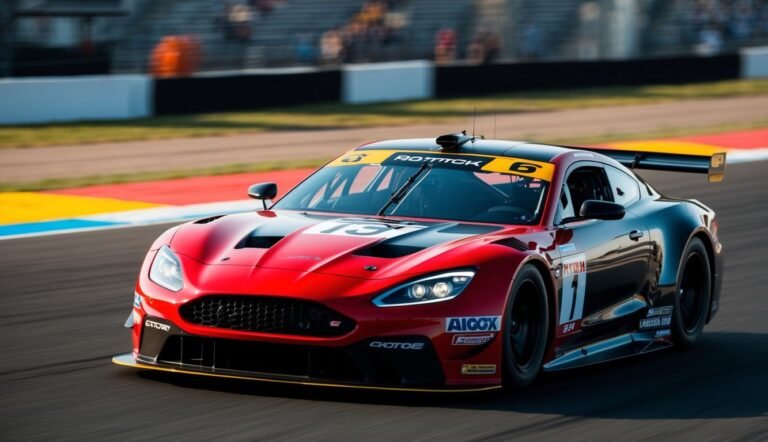 Red and black race car speeding on a track during a race