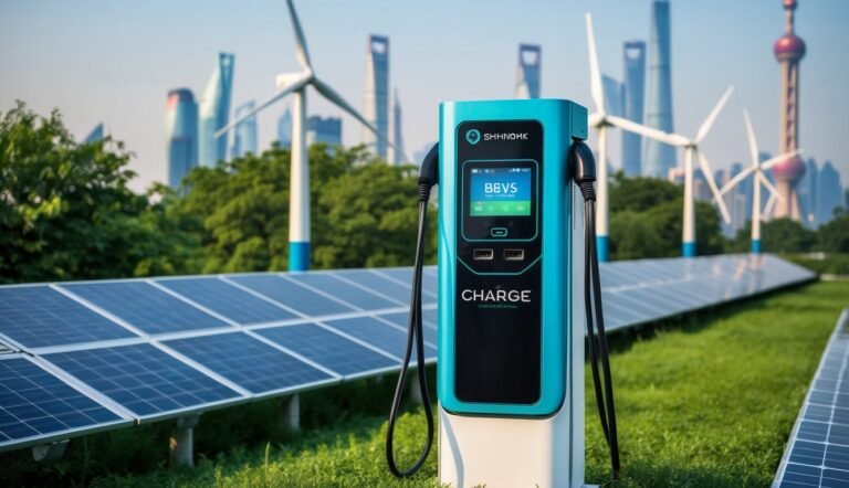 Electric vehicle charging station with solar panels and wind turbines in background